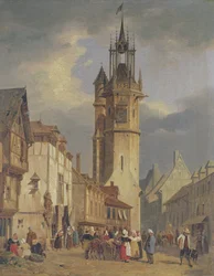 Frans Stadstafereel met een Klokkentoren